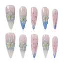 3 x 3D Floral Press On Nails Long Stiletto Fake Nails Elegant Handmade Ombre Nail Art with Lilies Flowers Designs, Multi-Layer Gel Reusable Acrylic Nails for Women (3D Lily Ombre, M)