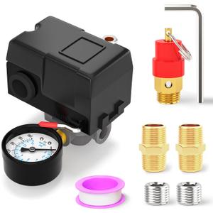 4 Way Air Compressor Pressure Switch Control Valve Kit 110-150 PSI, 1/4" NPT Port, 110V-240V, With 0-200 Pressure gauge