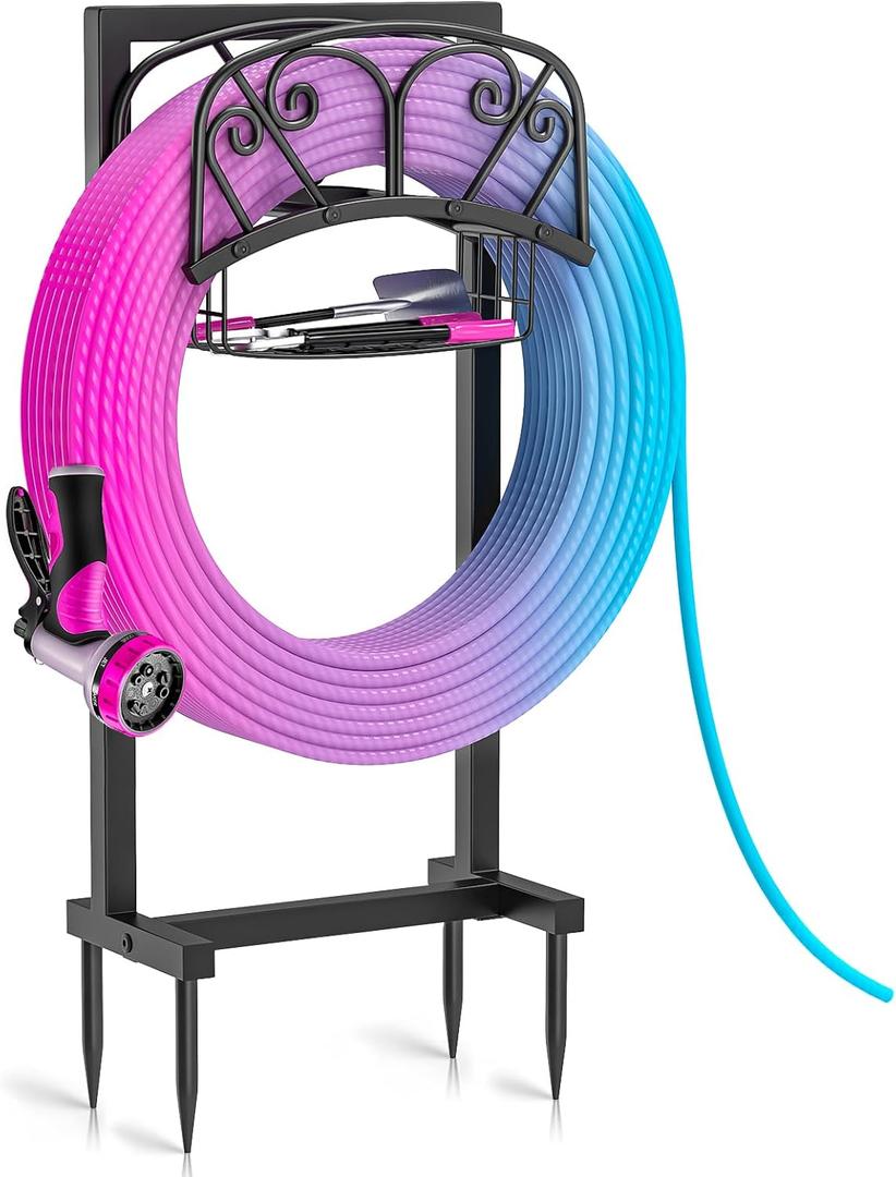 Garden Hose Holder, 4 Spikes Freestanding Water Hose Holder Reels, Heavy Duty Detachable Hose Stand with Storage Basket for Outside Yard Lawn (A-4 Spikes)