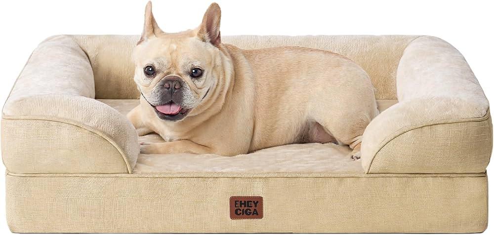 EHEYCIGA Orthopedic Dog Beds for Large Dogs, Waterproof Memory Foam Large Pet Bed with Sides, Non-Slip Bottom and Egg-Crate Foam Dog Couch Bed with Washable Removable Cover, Beige
