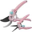 NEXON Garden Pruning Shears 2 Pack, 8" Bypass Hand Pruner & 6.25" Precision Garden Scissors, Professional Garden Clippers for Plants and Flowers Pink