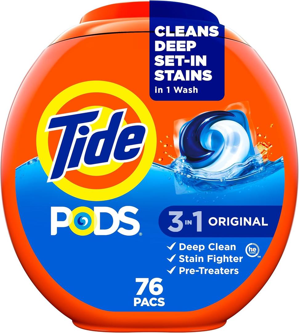 Tide PODS Laundry Detergent Pacs, 3-in-1 Stain Remover, Odor Fighter, Color Protector, 76 Count, HE compatible, Original Scent