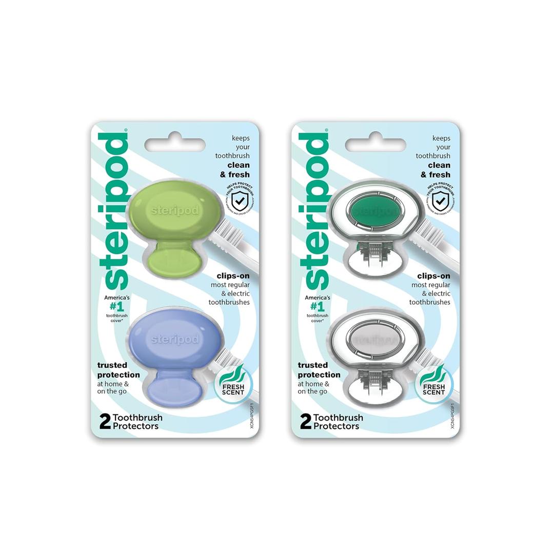 Steripod Clip-On Toothbrush Protector, Keeps Toothbrush Fresh and Clean, Fits Most Manual and Electric Toothbrushes, Blue, Green, Clear, 4 Count