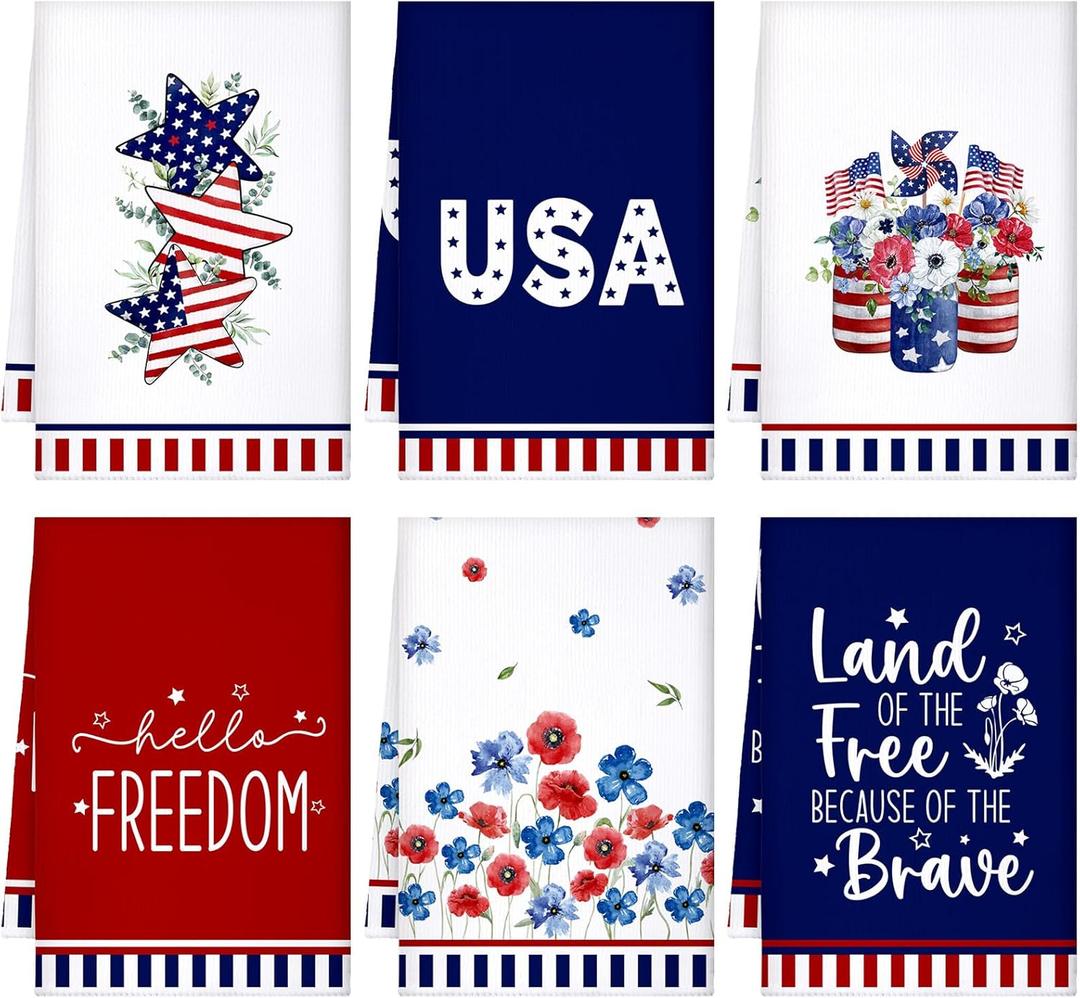 Bencailor 6 Pcs 4th of July Kitchen Towel Patriotic Star Absorbent Hand Towels Independence Day Gnome Dish Cloths Memorial Day Microfiber Towels for Home Decoration (Classic)