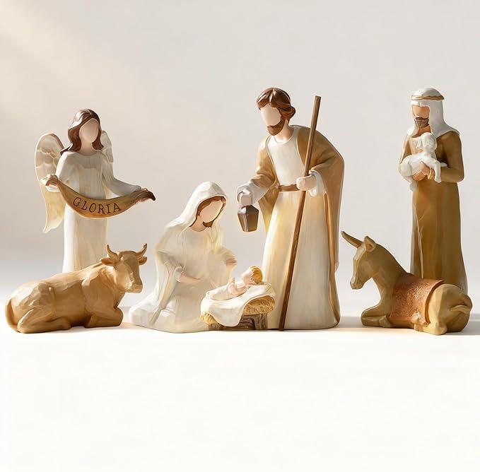 Christmas Nativity Set Indoor: 8-Piece 7.56 Inches Religious Resin Figurines Nativity Scene for Farmhouse Tabletop Decor Holiday Tradition