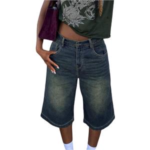 Verdusa Women's Wide Leg Jorts Baggy Jean Shorts Straight Leg Denim Shorts with Pockets small (Blue)