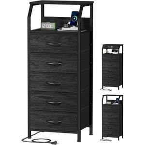 Furnulem 5 Drawers Dresser with Charging Station, Fabric Chest of Drawers with Open Shelf, Tall Night Stand, Bedside Table for Closet, Entryway, Bedroom Furniture, 3 Ways to Use, Black Oak