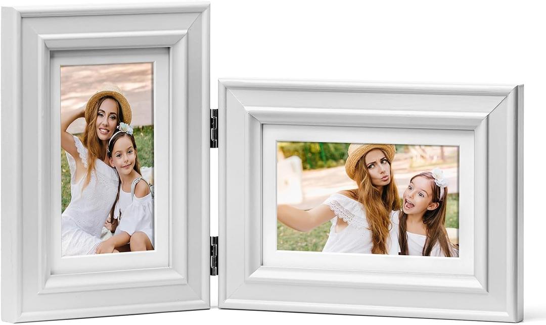4x6 Double Picture Frame Vertical Horizontal Hinged Pine Wood Folding Photo Frame with Real Glass, Combo Display 4x6 Photos Matted to 3x5, Free-Standing Desk Tabletop or Wall Decor, White