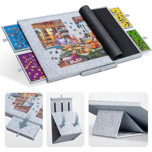 Tektalk Jigsaw Puzzle Table with Integrated Adjustable Stand/Bracket, 3-Tilting-Angle Super Lightweight Felt Puzzle Plateau Board with Cover & 4 Sorting Drawers (Light Gray, for Up to 1500 Pieces)
