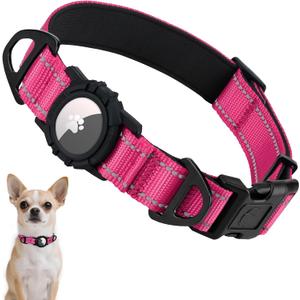Taglory Reflective AirTag Dog Collar with Waterproof Airtag Holder, Dual D-Rings, Durable Safety Buckle, Adjustable Soft Padded for Puppies Night Walking, Outdoor Tracking, Baby Pink, XS 5/8"x(9-12")
