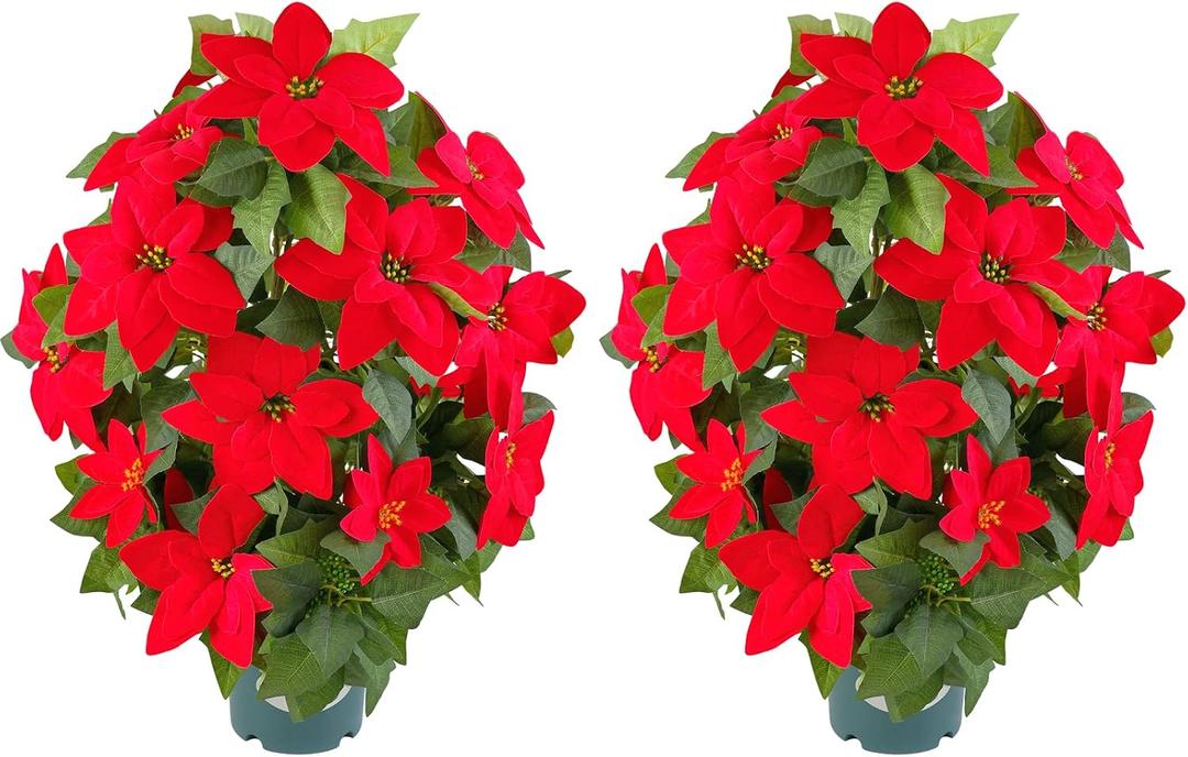 Artificial Poinsettia Christmas Tree in Pot, 28 Inch Faux Red Holiday Tree Decor, Christmas Tabletop Tree Arrangement, Indoor Outdoor Christmas Decoration for Home, Entryway, Front Porch (Red)