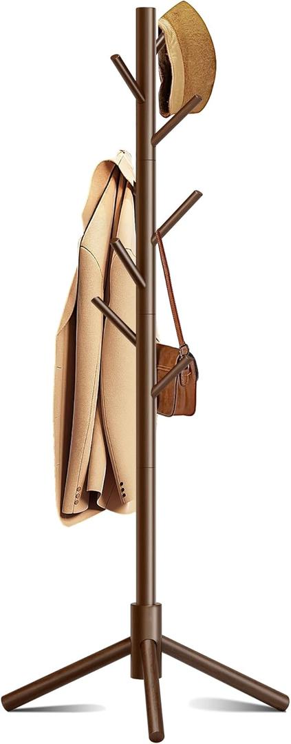 Wooden Coat Rack, Free Standing Coat Rack with 8 Hooks 3 Adjustable Heights for Clothes, Hats, Handbags, Coat Tree Easy Assembly for Entryway, Bedroom, Hallway, Office (New Brown) (1PC)