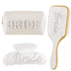 3 Pcs Bride to Be Gift Set Bride Makeup Bag Hair Brush Claw Hair Clip for Wedding Engagement Gift Bridal Shower Bachelorette Party Accessories