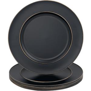 MAONAME Black Charger Plates, 13" Plastic Round Charger for Dinner Plates, Plate Chargers Set of 6, Beaded Table Chargers for Wedding, Table Setting