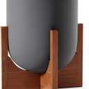 LE TAUCI 10 Inch Plant Pot with Acacia Wood Stand, Ceramic Planters for Indoor Plants, Plant Pots Indoor for Home Decor, Mid-Century Modern Pots for Plants with Drainage Hole and Plug, Charcoal Gray