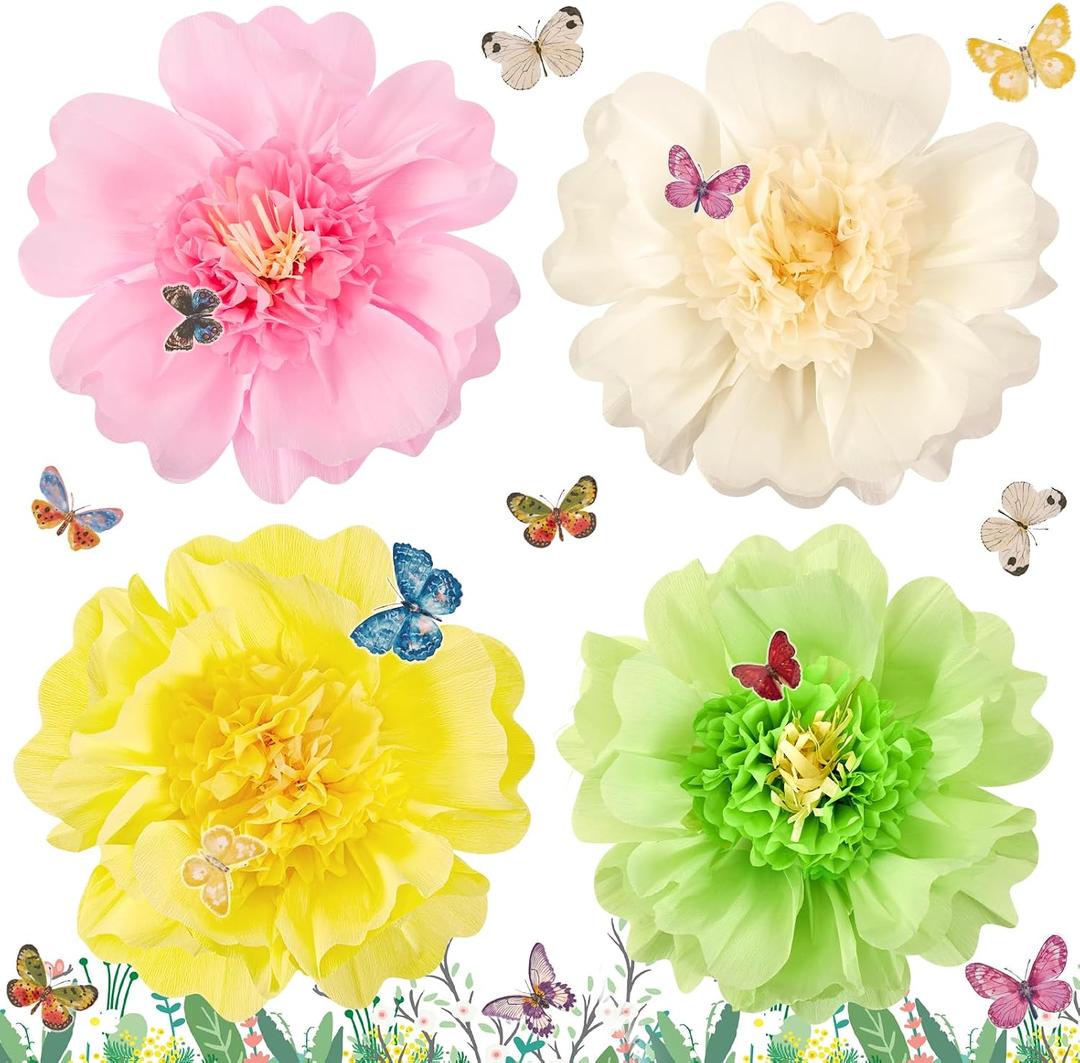 SUNBEAUTY 4 PCS Pastel Paper Flower Decorations 3D Butterflies Stickers Crepe Large Paper Flowers Tissue Paper Flowers for Wall Spring Garden Birthday Baby Shower Tea Easter Party Classroom Wedding