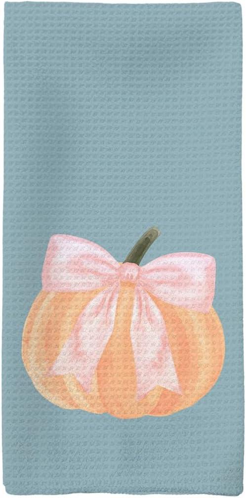 Fall Kitchen Towels, Pink Bowknot Decorative Fall Hand Towels, Pumpkin Autumn Dish Towel Dishcloths Tea Towel for Kitchen Bathroom, Preppy Coquette Fall KitchenBathroom Blue Decor, 16x24in
