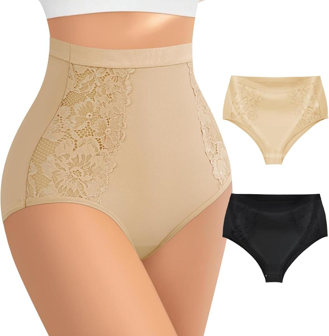 Women's High Waisted Underwear with Hollow Lace Side,Soft High Cut Stretchy Panties,Cheeky Coverage Briefs Multipack (L)