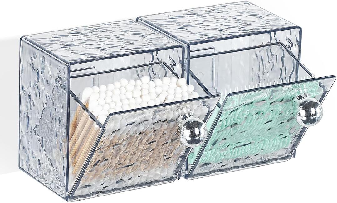 Qtip Holder Dispenser, Wall Mounted Plastic Cotton Pad Holder, Cotton Ball, Swabs, Floss, Makeup Organizers Containers for Vanity Bathroom (Transparent Gray, 2 Pcs)