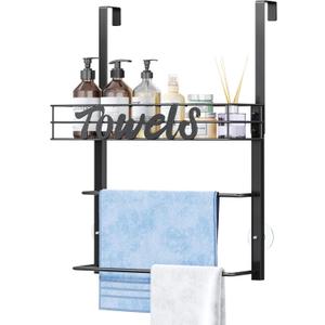 SWTYMIKI SWTYMIKI Over The Door Towel Racks for Bathroom - 5-Tier Wall Mounted Bathroom Towel Storage Organizer Holder with Metal Shelf (3 Tier-Black)