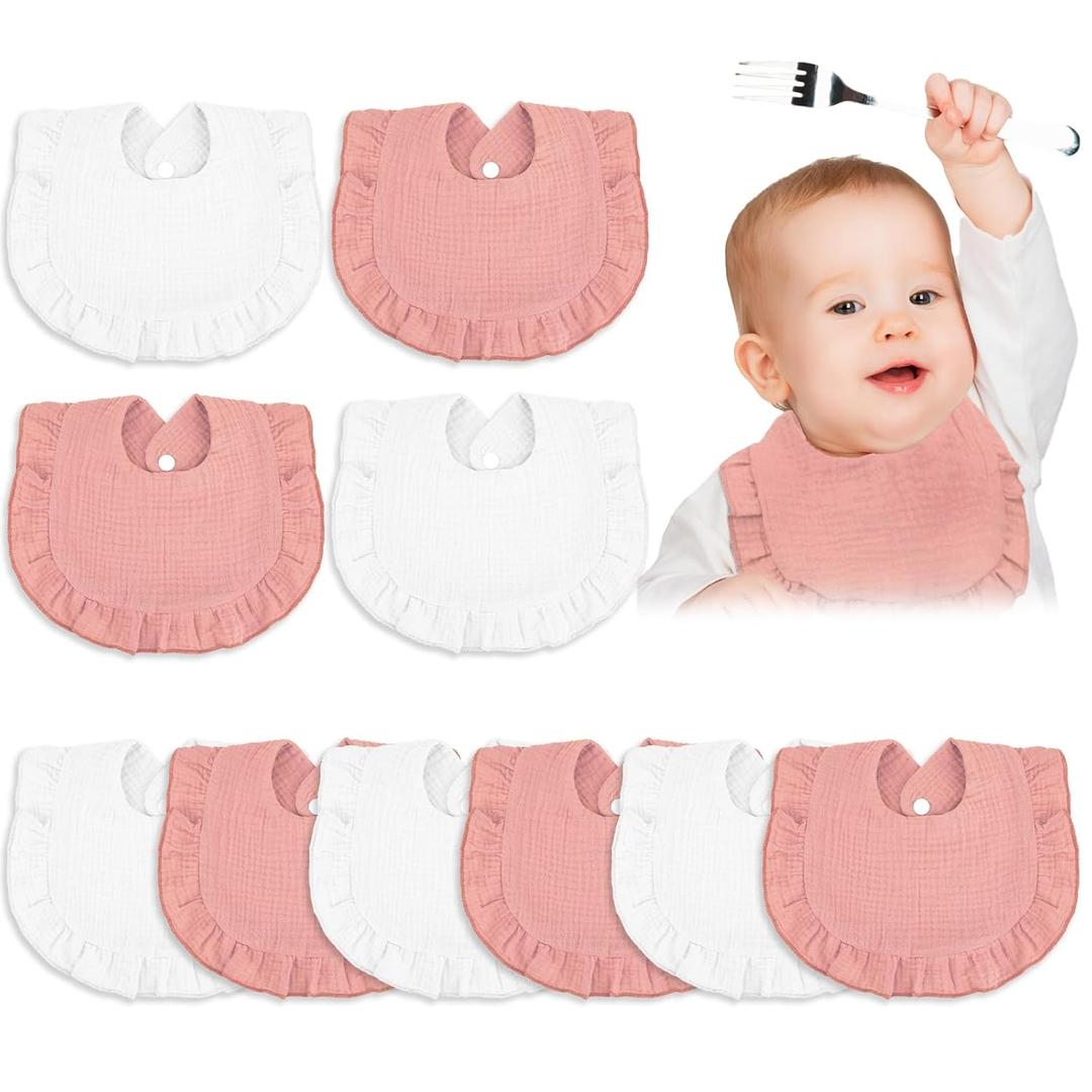 Seematn 10 Pcs Baby Muslin Bibs for Unisex Girls & Boys Drool Bibs Bandana Ruffle Soft Cotton for Newborn Infants Toddlers(Pink, White)