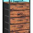 Furnulem 5 Drawer Dresser for Bedroom, Tall Nightstand with Led Light and Charging Station, Small Night Stand Bedside Table, Fabric Bins, Metal Frame, Wood Shelf, Side Furniture(Rustic Brown)