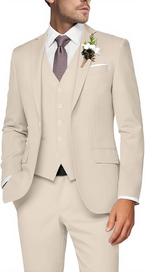 Mens 3 Piece Slim Fit Suit Set, 2 Button Solid Blazer Jacket Vest Pants Business Tuxedo (Large, Light Champagne)