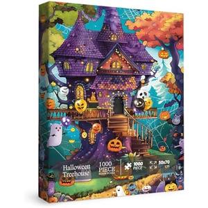Halloween Treehouse Funny Puzzles for Adults 1000 Pieces, Fall Horror Skeleton Holiday Jigsaw Puzzles, Autumn Ghost Pumpkin Spooky Haunted House Puzzle