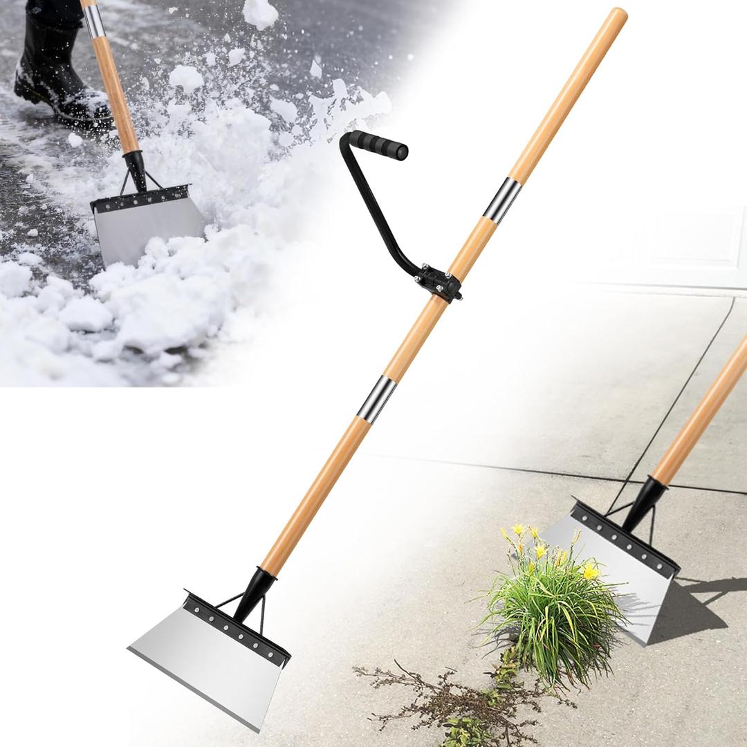 Iron Weeding Rake with 47.24" Long Handle, 9.25" Widened Garden Flat Shovel Ergonomic Auxiliary Handle for Weeding, Lawn Edging, Snow Removal, Ice Scraping-Tool-Free Assembly&Storage