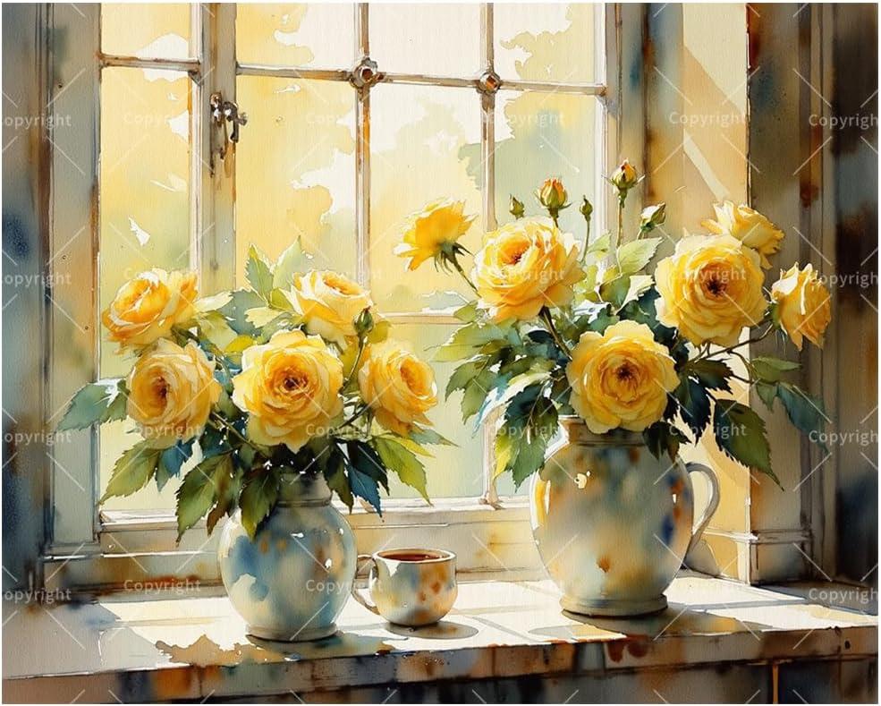 TAOPAOLAB Yellow Roses in Vase Paint by Numbers Kit for Adults - DIY Floral Window Scene Painting on Canvas 16x20 Inches, Acrylic Paint Set, Suitable for Beginners, Art for Home Decoration or Gifts