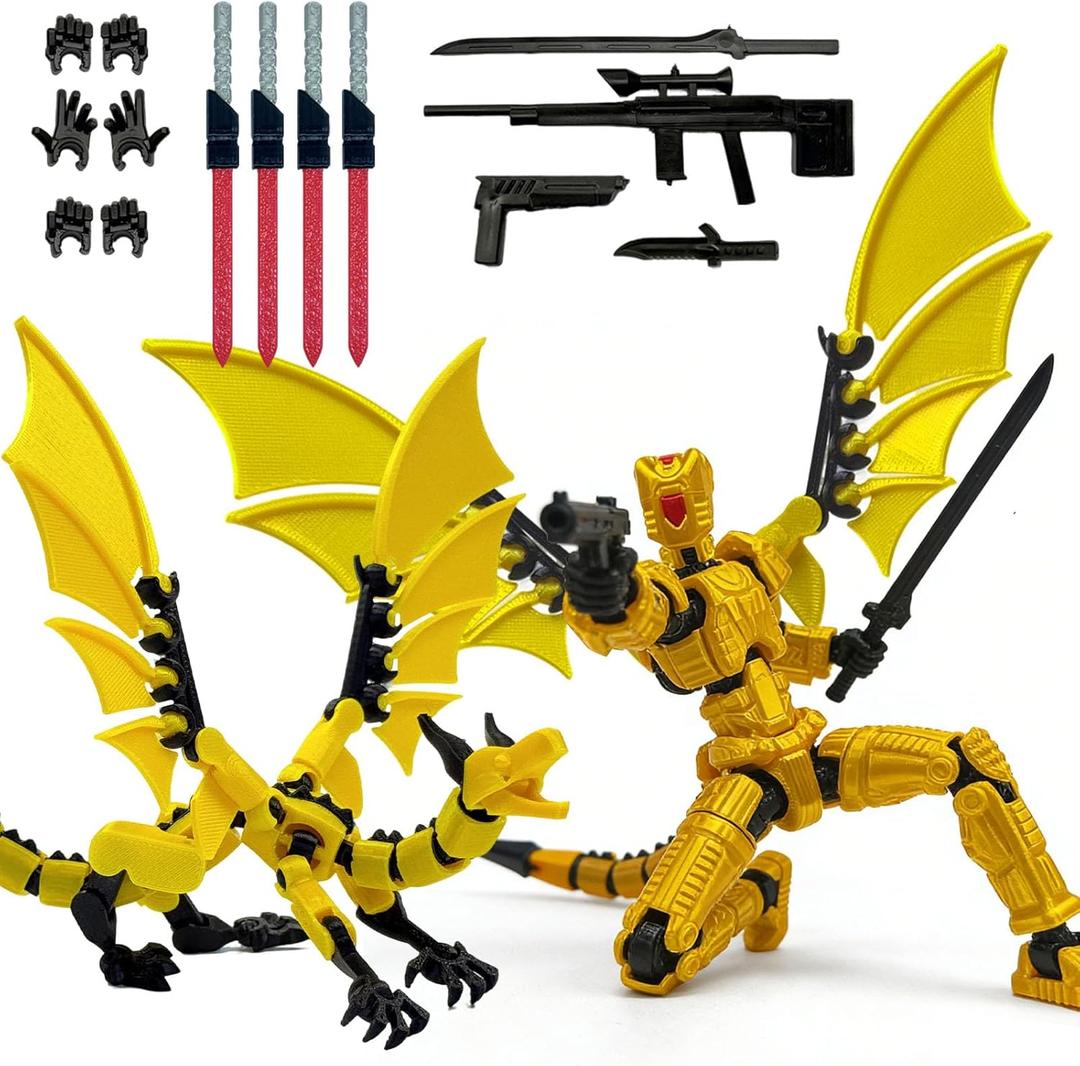 Pre-Assembled T13 3D Printed Robot Action Figure Set with Dragon, Multi-Jointed Movable Toy with Accessories & Weapons, Collectible Action Figures for Boys and Gamers (Gold)
