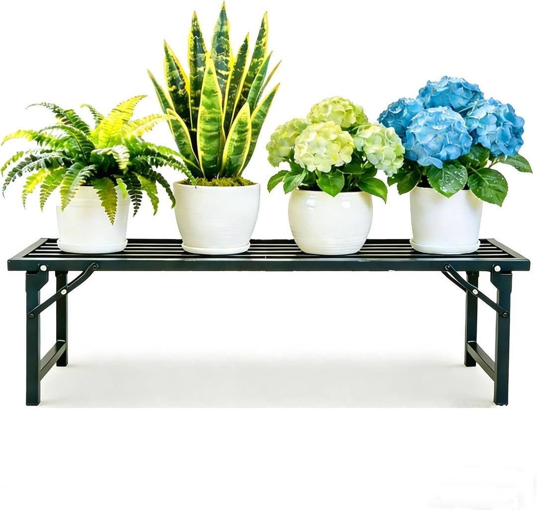 Foldable Plant Stand, No Assembly Heavy Duty Iron Plant Shelf, Rustproof Single Tier Plant Rack for Indoor Outdoor, Long Narrow Flower Stand for Patio Balcony Garden Living Room, 33" L x 9.7" W x 11.7" H