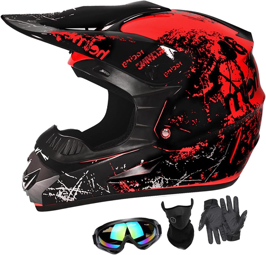 Youth Dirt Bike Helmets Fashion Kids Children Motocross, Motorcycle, BMX, ATV, Off-Road, Four Wheeler, Moutain Bike Full Face Helmets Dot Approved (Goggles Gloves Faceshield) (Medium)