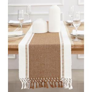 PurpleEssences Table Runner - Wide with Dobby Stripe, Heavy Ribbed Weave & Double Knot Fringes, 14x72 Inch (14x77.5 with Fringes) for Summer Boho Farmhouse Decor - Nut Brown and H.White
