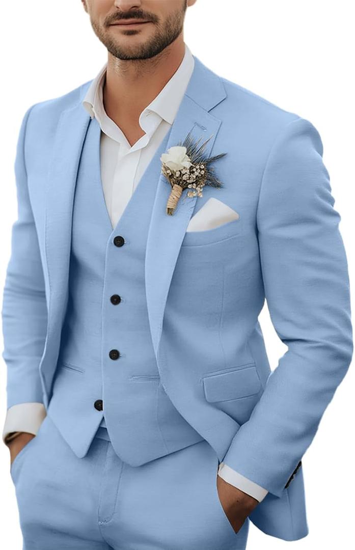 Men's 3 Piece Linen Suits Casual Lightweight Blazer Jackets Vest Pants Set for Wedding Business Prom Suit (X-Large)