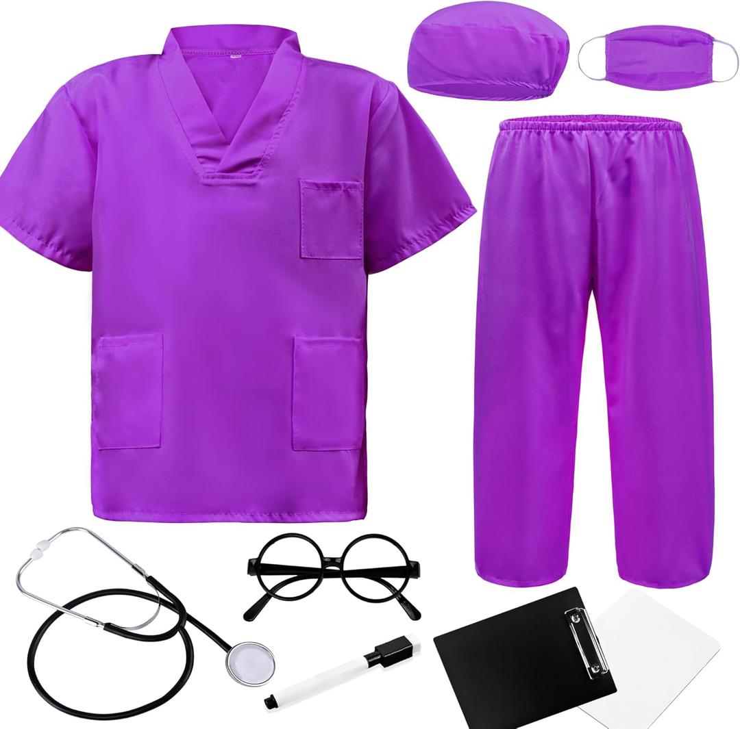 ZZIHAN Doctor Costume for Kids & Toddlers 9Pcs Scrubs Set for Boys & Girls Ages 3-12, Halloween, Career Day, Dress-Up Play (8/140, Purple)