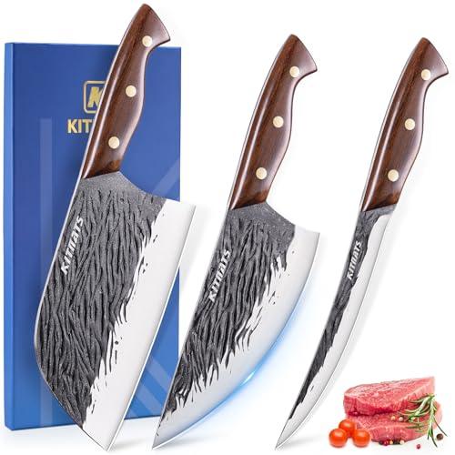 3PCS Butcher Knife Set,Hand Forged Serbian Chef Knife, Meat Cleaver,Boning Knife, Meat Cutting Kitchen Set for Home Cooking BBQ Perfect for Men Women With Gifts Box