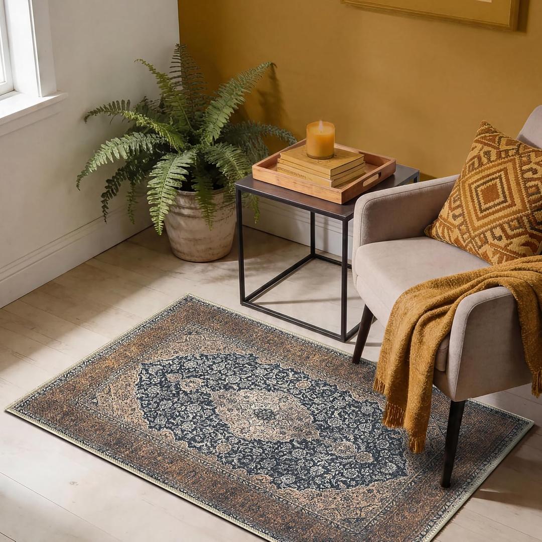 Keen Home Design 2x3 Rug - Machine Washable Entry Rug with Non-Slip Backing, Ideal for Enteryway, Kitchen, Bathroom, Laundry Room - Vintage, Easy Clean, Durable, Low Pile Rug - (2' x 3') (Dark Brown/Black)