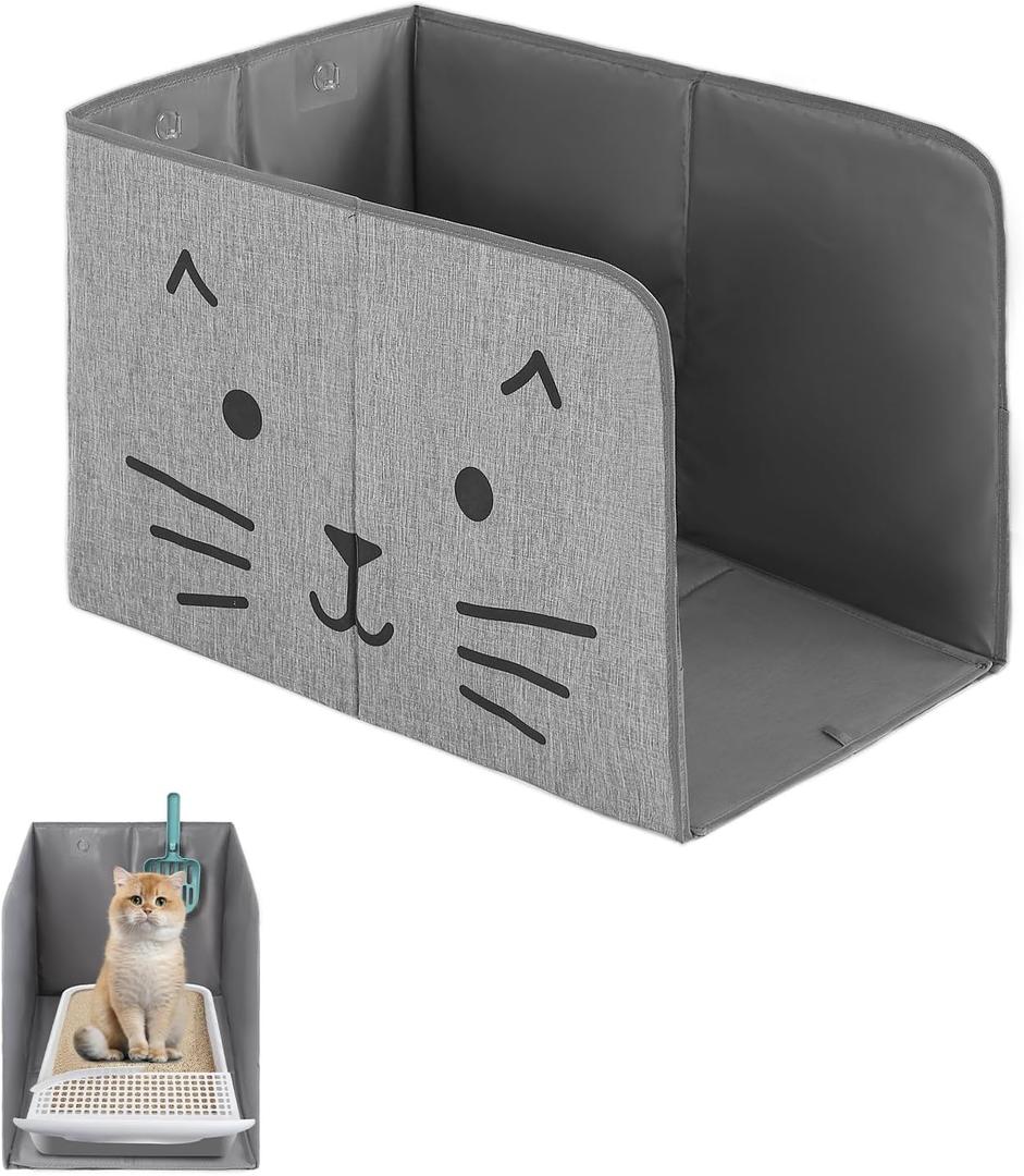 Waterproof Cat Litter Box Enclosure Splash Guard with Removable Mat, Cat Box Enclosure with 2 Hooks for Scoop, Anti-Leakage, Dust Control, Easy to Clean-24.02 x 16.14 x 16.14 inches (Grey)