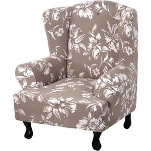 Floral Printed Fleece Wingback Chair Slipcover - 1-Piece Super Stretch Wing Chair Cover, Elastic Bottom for Easy Fit, Modern Style Furniture Protector (Taupe)