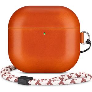 Leather Case Compatible with AirPods 4, D Clip Design with Hand Lanyard, Genuine Crystal Oil Waxy Leather Case for AirPods 4th Generation(2024),Handcrafted, Elegant Style, Orange