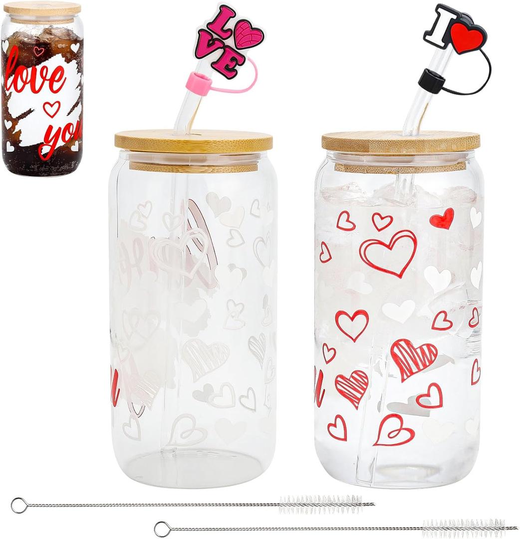 2 Pcs Valentine's Day Glass Cups 16 oz Color Changing Cups with Lids & Straws Iced Coffee Tumbler Drinking Mug with Printed love you Red Heart for Galentines Couple Wedding Anniversary Birthday Gifts