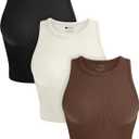 OLCHEE Womens 3 Pack Crop Tank Tops Basic Seamless Ribbed Round High Neck Racerback Workout Top Summer Causal Yoga Gym Shirts (Medium, Black + Brown + Beige)