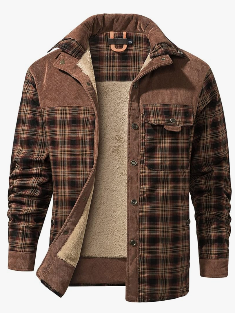 Haellun Men's Long Sleeve Sherpa Lined Shirt Jacket Flannel Plaid Fleece Coats, Large