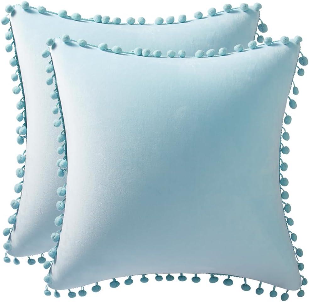 DEZENE Throw Pillow Cases 18x18 Light-Blue: 2 Pack Cozy Soft Pom-poms Velvet Square Decorative Pillow Covers for Farmhouse Home Decor