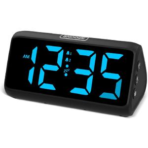 Netzu Digital Alarm Clocks for Bedrooms, Loud Alarm Clock with Dual Alarms, Bold Digits, 5 Dimmers, 4 Volumes, Snooze, Bedside Clock for Deep Sleepers Kids Teens Seniors, Plug in Clock, Easy to Set (Black-blue)