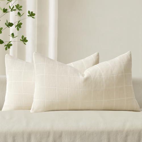 MIULEE Decorative Chenille Check Lumbar Throw Pillow Covers Vintage Plaid Couch Pillows 12x20 Inch Set of 2 Neutral Boho Farmhouse Cushion Covers Modern Spring Decor for Sofa Bed Living Room Cream