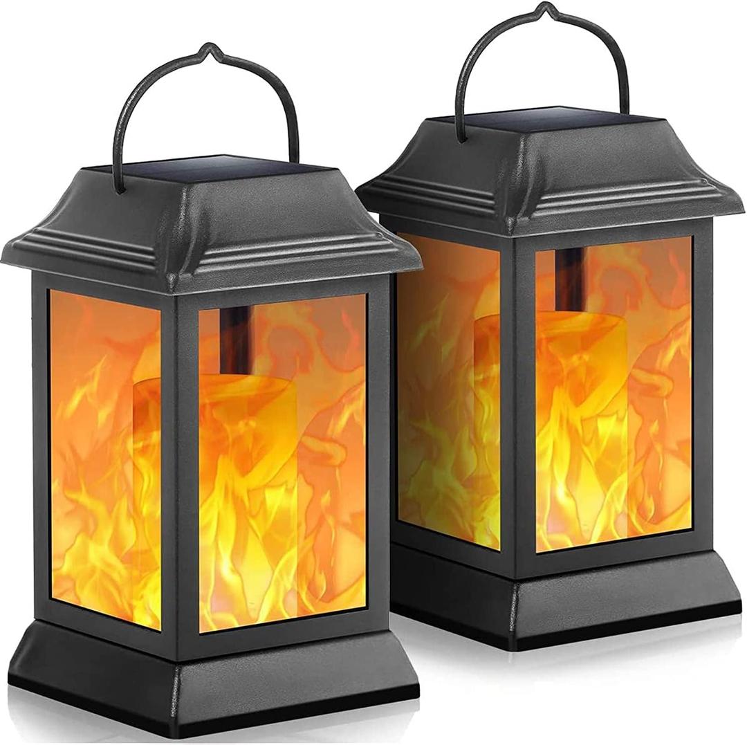 TomCare Solar Lights Metal Flickering Flame Solar Lantern Outdoor Hanging Lanterns Decorative Lighting Heavy Duty Solar Powered Waterproof Umbrella Lighting for Garden Yard Patio Deck, 2 PackBlack