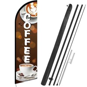 Remagr 1 Pcs 11 ft Coffee Feather Flag Coffee Advertising Swooper Banner with Pole and Ground Stake Windless Shop Sign Tall for Outdoor Business Advertising
