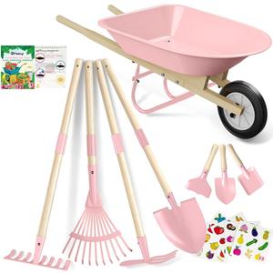 Qtioucp Kids Wheelbarrow Set with Gardening Tools Outdoor Backyard Garden Play for Toddlers Boys Girls 3-8, with Shovel, Rake, Leaf Rake, Easter Birthday Gifts (Pink Garden Set)